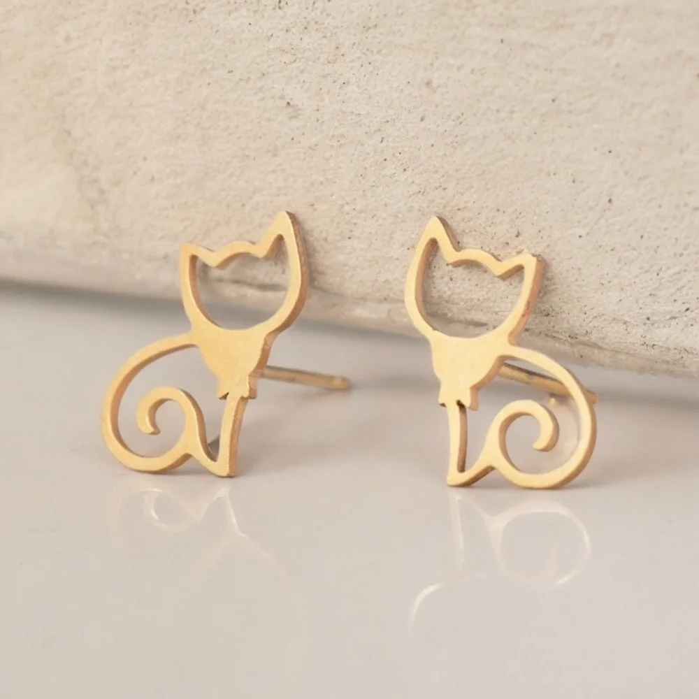 🆕️🎉SPECIAL OFFER ALERT🎉18K Gold Plated Stainless Steel Cat Stud Earrings 🐈 - Picture 2 of 3